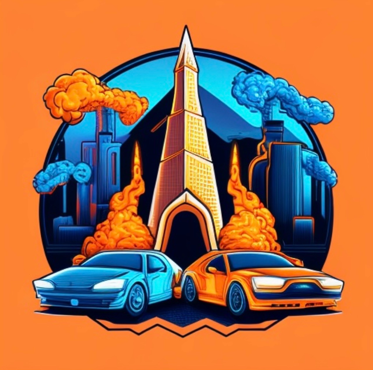 Orange and cyan illustration of two cars beneath a stylized navy skyline with a tall central tower.